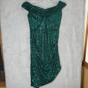 City Studio Emerald Sequin Off Shoulder Ruched Bodycon Dress Size 1